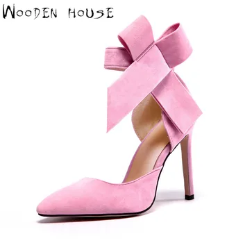 2017 Spring Sexy Woman 5 Colours Cow Suede Leather Pointed Toe Thin Heels Women Pumps Women Bowknot High Heels Ankle Strap Shoes