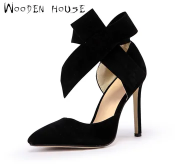 2017 Spring Sexy Woman 5 Colours Cow Suede Leather Pointed Toe Thin Heels Women Pumps Women Bowknot High Heels Ankle Strap Shoes
