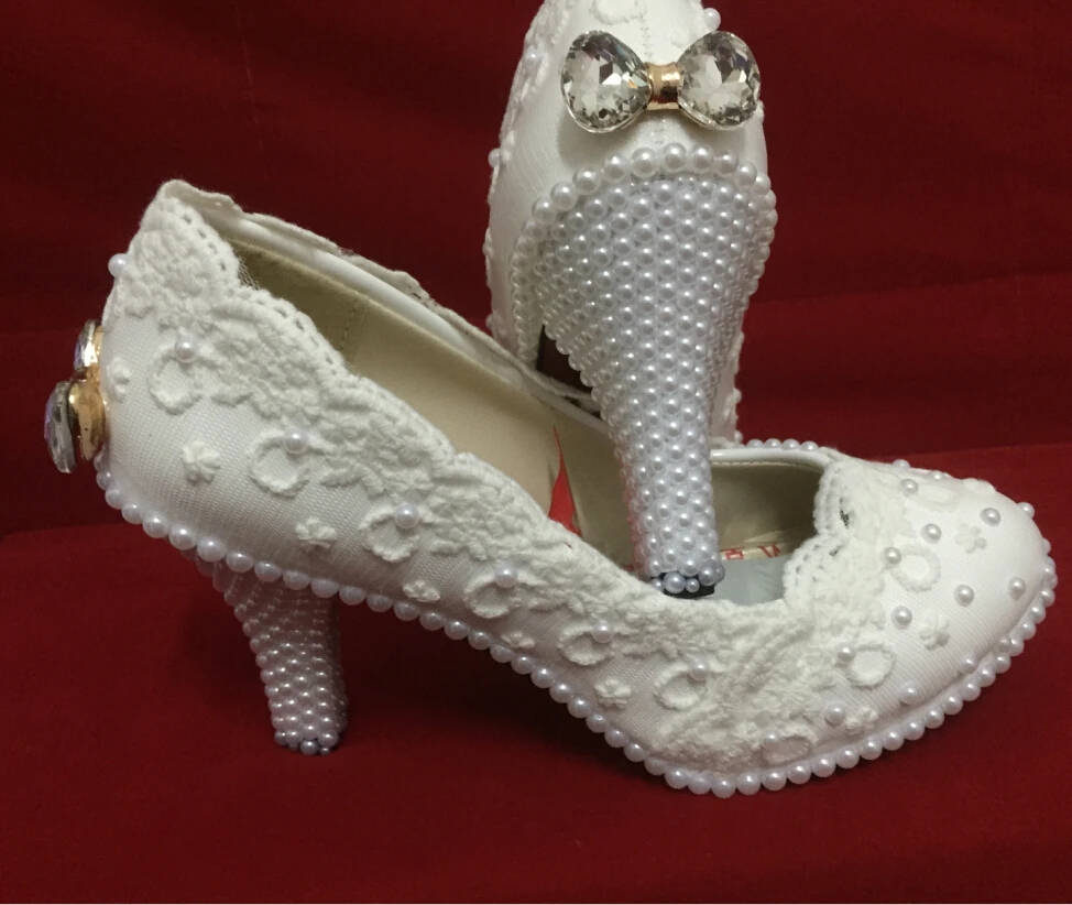 Elegant white lace flower wedding shoes pearl bow high heel platform shoes bridesmaid white single shoes