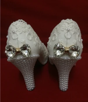 Elegant white lace flower wedding shoes pearl bow high heel platform shoes bridesmaid white single shoes