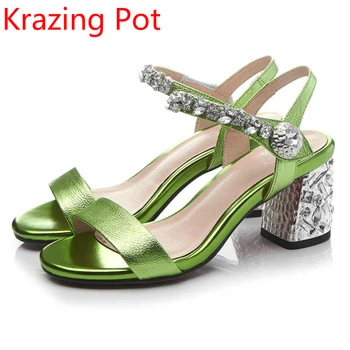 2017 Superstar Cow Leather Large Size Crystal Peep Toe Ankle Strap Slingback Classic High Heels Crystal Heel Women Sandals 0-2
