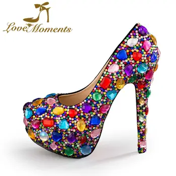 Love Moments Crystal Multicolor women shoes Wedding Shoes Bride Ladies Platform women high heels Evening party Dress Shoes
