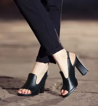 Women's Genuine leather Fashion Slingback Thick High Heels Platform Pumps For Dress