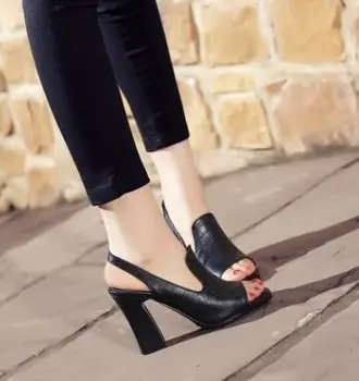 Women's Genuine leather Fashion Slingback Thick High Heels Platform Pumps For Dress