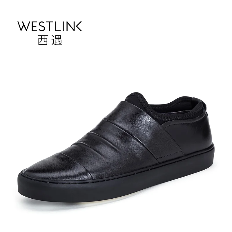 Westlink Top Layer Cow Leather Round Toe Pleated Elastic Slip-on Casual Men Vulcanize Shoes Black 2017 Spring New