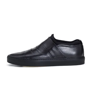 Westlink Top Layer Cow Leather Round Toe Pleated Elastic Slip-on Casual Men Vulcanize Shoes Black 2017 Spring New