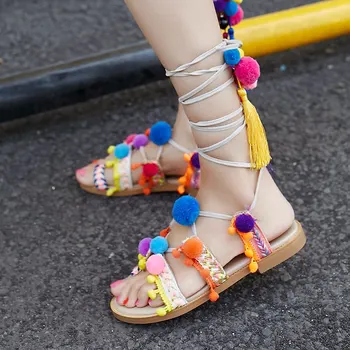 2017 New Genuine Leather Chinese Style Lace Up Large Size Peep Toe Luxury Flats Colorful Ball Tassel Superstar Runway Sandals 05