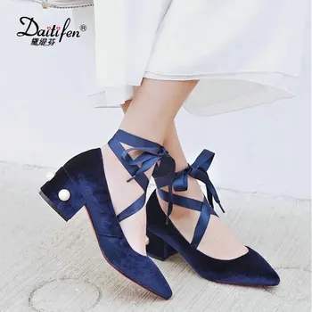 2017 Spring Med Heels Women Pumps Velvet Lace-up Nobel Pointed Toe Party Cross-Tied Riband Ladies Shoes