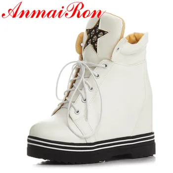 ANMAIRON Highe Heels White Shoes Round Toe Ankle Boots for Women Lace-up Shoes Woman Winter Warm Boots Platform Fashion Boots