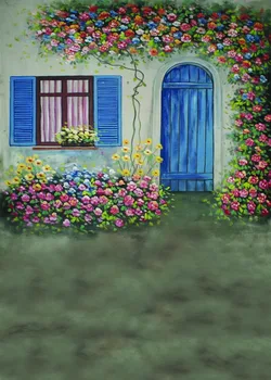 Customize washable wrinkle free flower house blue door photography backdrops for kids photo studio portrait backgrounds S-1141