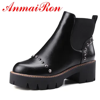 ANMAIRON Black Shoes Woman High Heels Rivtes Charms Large Size 34-43 Ankle Boots for Women Platform Winter Boots Round Toe Shoes