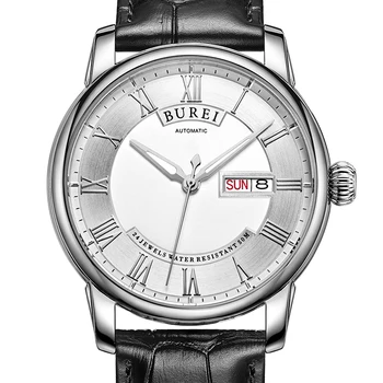 BUREI Auto Date Watch Men Analog Waterproof Genuine Leather Strap Gents Automatic Business Wristwatch Fashion Man Clock Relojes