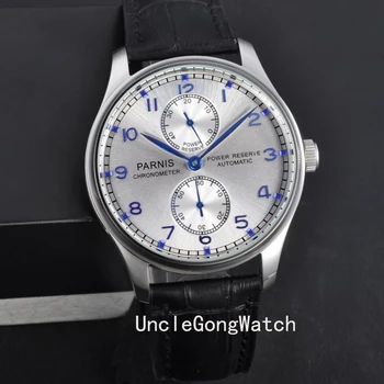 Parnis 43mm White dial mechanical Power Reserve Automatic steel Men's watch Leather Strap PA4315SW