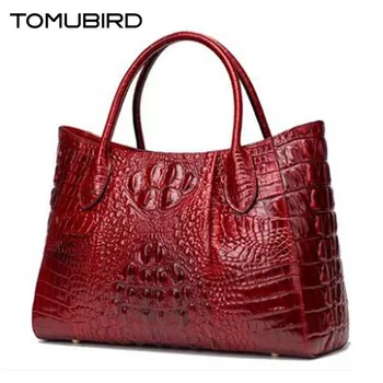 2017 New women bag genuine leather brands quality cowhide alligator grain embossing fashion women handbags shoulder big bag
