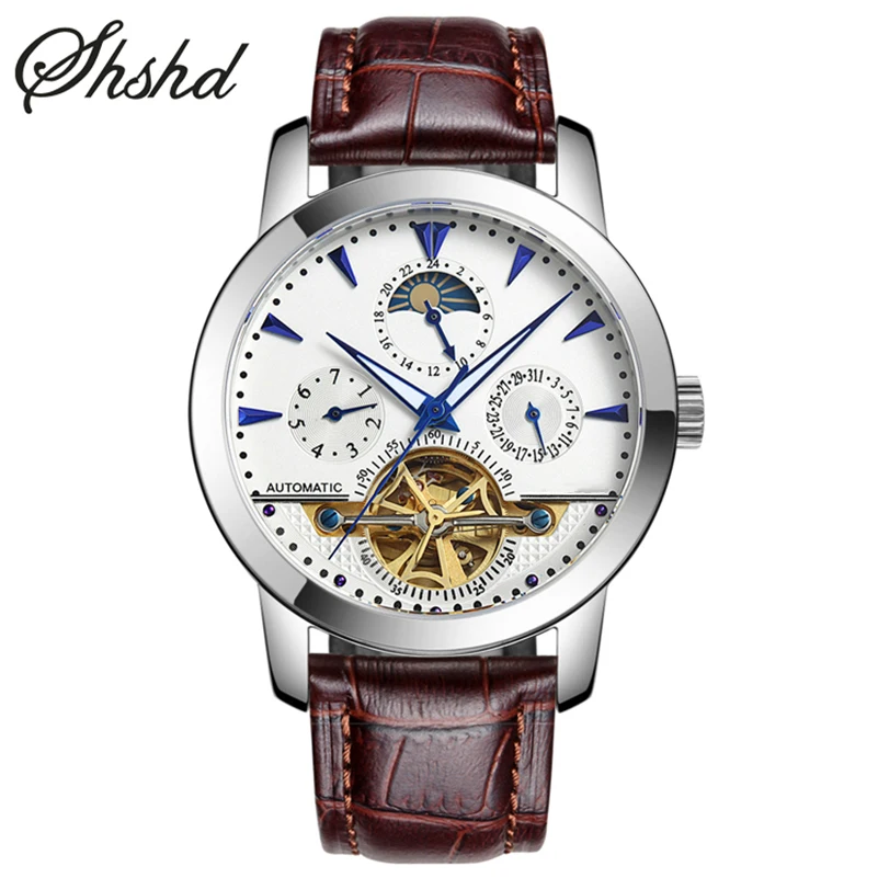 Tourbillon Mens Watches Skeleton Style Wristwatch Automatic Mechanical Clock Luxury Brand Leather Strap Clock Men Reloj Hombre
