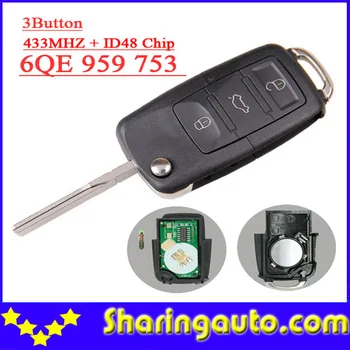 1Piece) 6QE 959 753 6QE959753 3 button Flip remote key with 433MHZ id 48 chip for vw