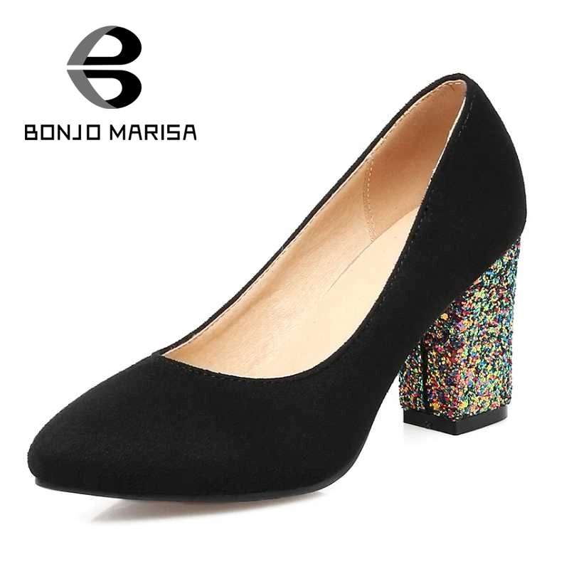 BONJOMARISA Glitter Women Pumps Sexy Chunky High Heel Pointed Toe Party Wedding Office Ladies Shoes 2017 Woman Flock Footwear