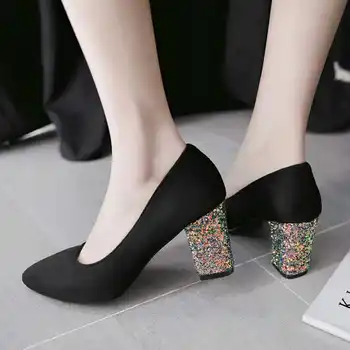 BONJOMARISA Glitter Women Pumps Sexy Chunky High Heel Pointed Toe Party Wedding Office Ladies Shoes 2017 Woman Flock Footwear