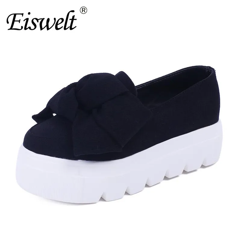 Eswelt 2017 Autumn Spring Women Flats Fashion Creepers Shoes Bow Lady Flats Loafers Ladies Slip On Platform 5CM Shoes#DZW81