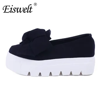 Eswelt 2017 Autumn Spring Women Flats Fashion Creepers Shoes Bow Lady Flats Loafers Ladies Slip On Platform 5CM Shoes#DZW81