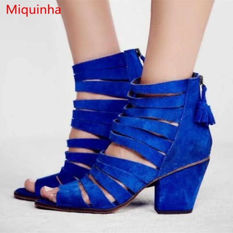 Famous Brand British Style Womens Sandal Summer 2017 Blue Chunky Heels Open Toe Strappy Sandals Zipeed Vintage Gladiator Sandals