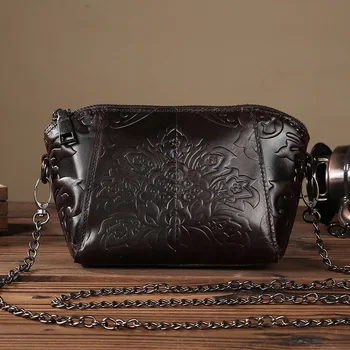 Guarantee Original New Leather Handbags Handmade Embossed Cow Leather Bag Retro Metal Chain Satchel Mini Leisure Bag