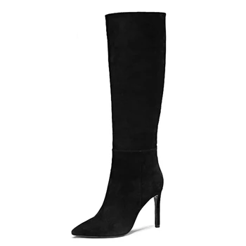 Winter Genuine Leather Thin Heels Pointed Toe Knee High Boots Short Plush Thick Warm Lady Long Boots 20170204