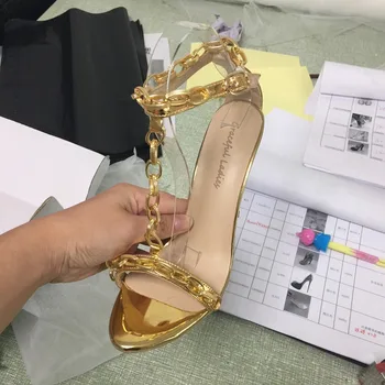 Golden T-strap Chian Women Sandals Plus Size 14 Shoes Women 12cm High Heel Stilettos Back Zip Celebrity Kim Kardashian