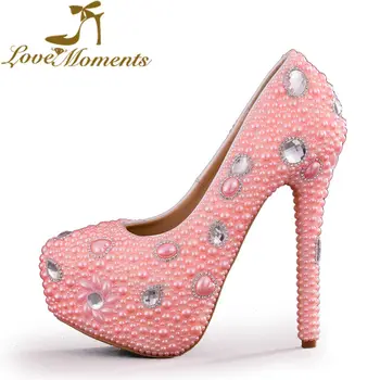 Love Moments handmade ladies pearls high heels pink wedding bridal shoes woman crystal dress women shoes large size 40-43