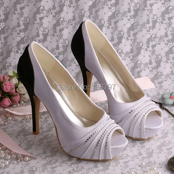 Wedopus Wedding shoes Black And White Satin Shoes Open Toe High Heels With Crystal Dropship