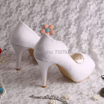 4 Colors)Wedopus Round Peep Toe Wedding Lace Shoes Beige High Heeled