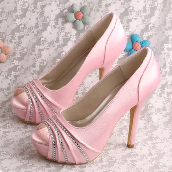 Wedopus Luxury Crystal Platform Wedding Shoes Peep Toe High Heel Pump Shoes Pink Satin Dropship