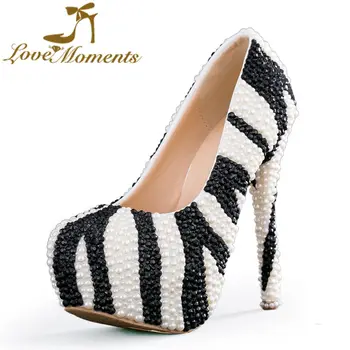 Love Moments crystal and pearl high heels pumps zebra-stripe black and white Ladies Pumps Spring Autumn Women Shoes large size