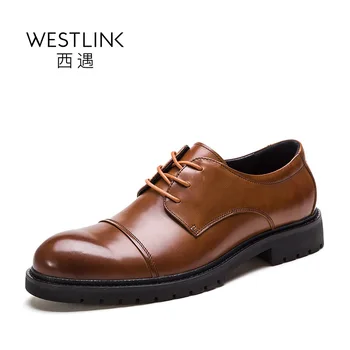 Westlink 2017 Spring New Waxing Brush-off Top Layer Cow Leather Lace-up Mid Heels Business Casual Men Shoes Black Brow