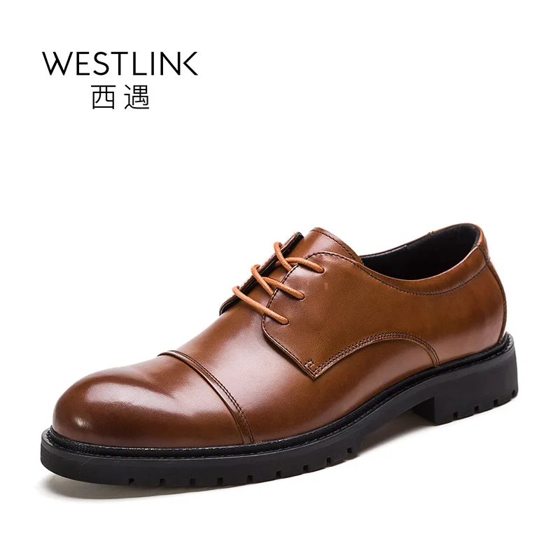 Westlink 2017 Spring New Waxing Brush-off Top Layer Cow Leather Lace-up Mid Heels Business Casual Men Shoes Black Brow