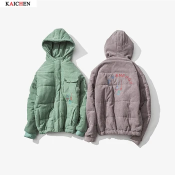 2016 Thick Fashion Embroidered thicker retro corduroy hooded coat Winter Autumn Jacket Men Parkas Hot Green and Gray