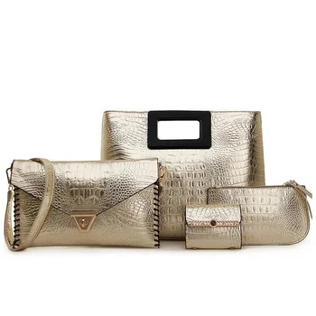 Fashion Women Handbags Four Pieces Gold Alligator Leather Shoulder Bag Composite Bags Ladies Clutch Purse 2017