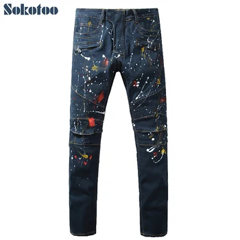 Sokotoo Men's fashion dark blue painted biker jeans for moto Casual slim fit stretch denim pants Long trousers