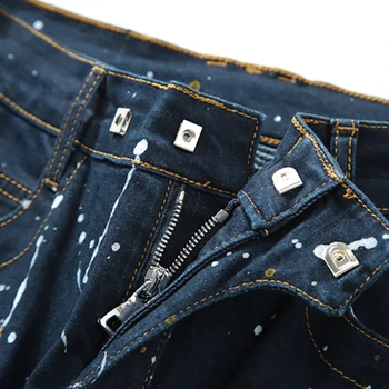 Sokotoo Men's fashion dark blue painted biker jeans for moto Casual slim fit stretch denim pants Long trousers