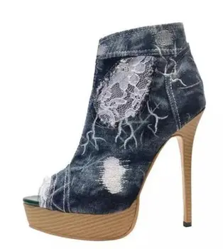 Rome style deep blue denim short boots lace flower embroidery platform shoes for woman sexy open toe summer gladiator boots