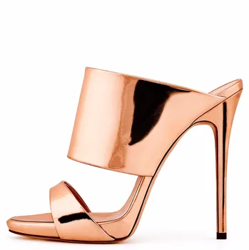 Women High Heel Sandals 2017 Metallic Rose Gold Patent Leather Mule Nude Heels Blush Summer Shoes Ladies Party Shoes Plus Size