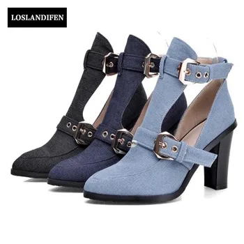 Summer Women Thick High Heel Pointed Toe Denim Buckle Sandals Shoes 2017 New Lady Jean Casual Shoes Female Solid Cut Out
