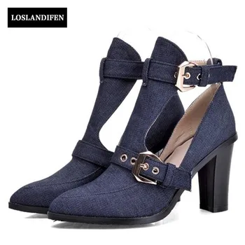 Summer Women Thick High Heel Pointed Toe Denim Buckle Sandals Shoes 2017 New Lady Jean Casual Shoes Female Solid Cut Out