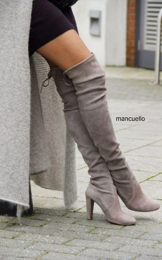 Concise Style Women Cozy Gray Suede Chunky Heel Over Knee Boots Elegant Round Toe Lace Up Long Boots Women Slip-On Shoes