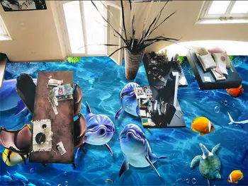 3d flooring wallpaper custom photo living room mural blue sea world dolphin 3d photo painting PVC self-adhesive floor wallpaper