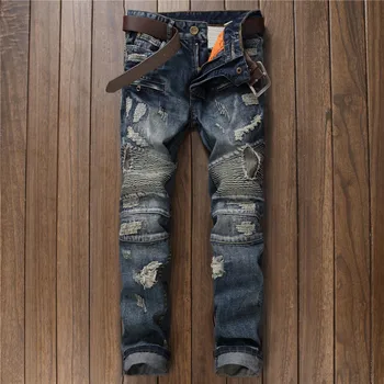 Mens Retro Ripped Jeans Men Solid Washing Locomotive Denim Pants Fold Style Casual Man Jeans Cotton