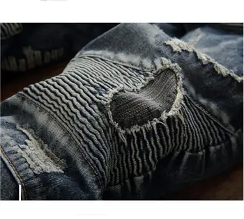 Mens Retro Ripped Jeans Men Solid Washing Locomotive Denim Pants Fold Style Casual Man Jeans Cotton