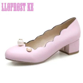 Lloprost ke 2017 new fashion blue pink beige women shoes sweet beading round toe pumps 4cm med heels Elegant wedding shoes JT573