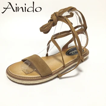 AINIDO Fashion Summer Shoes Genuine Leather Lace up Cross Tied Women Sandals Wedges Woman Casual Flats