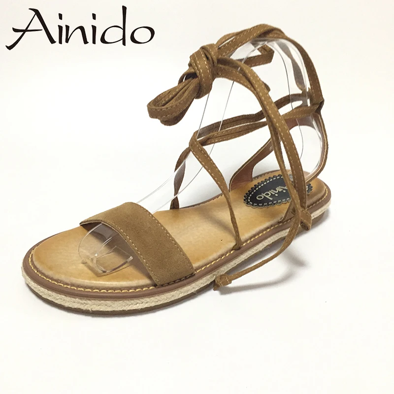 AINIDO Fashion Summer Shoes Genuine Leather Lace up Cross Tied Women Sandals Wedges Woman Casual Flats